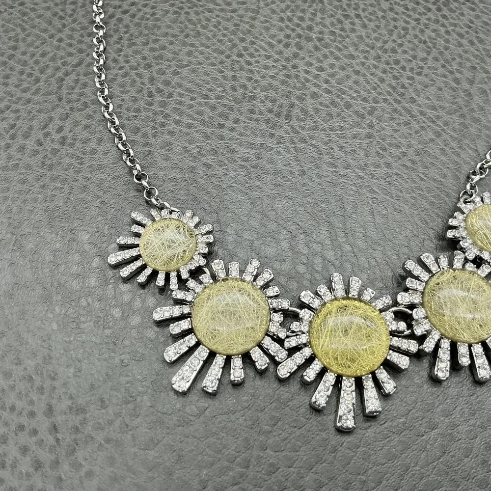 Ann Taylor Necklace Silver Tone Yellow Resin Rhinestone Sunburst‎ Bib Womens 18